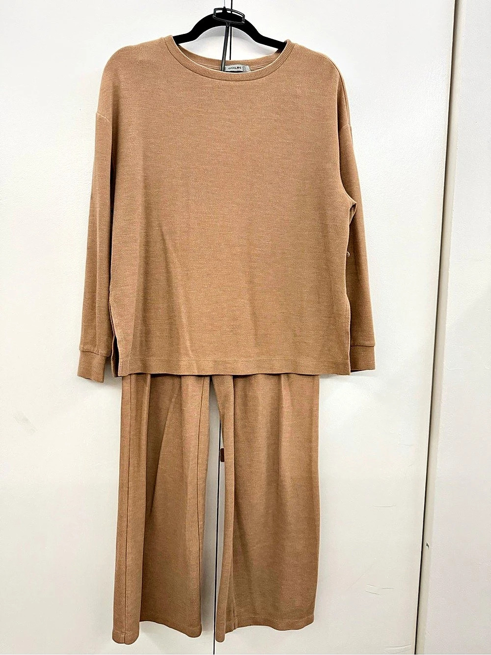 Goldi Camel Brown Ribbed Knit Loungewear Set Top & Pants Size S
